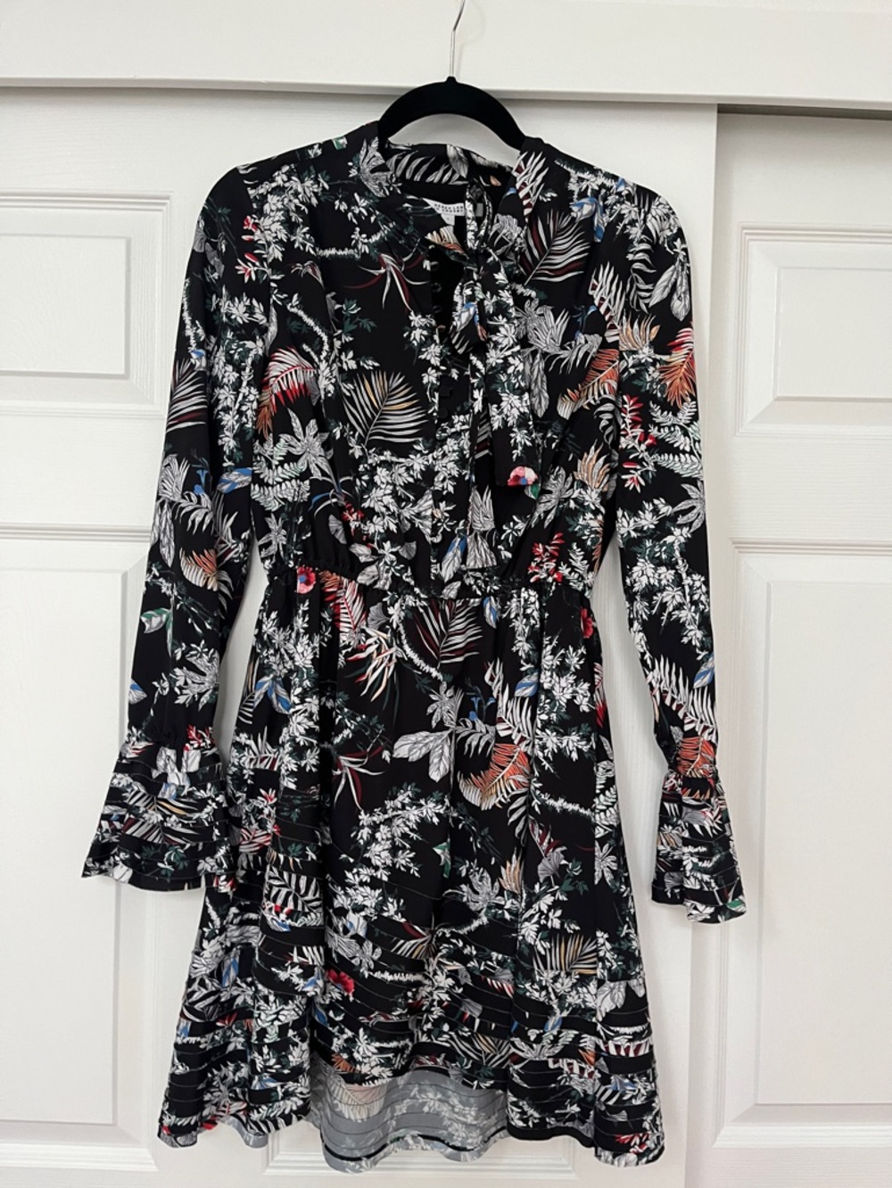 Black Floral Tie-Neck Long Sleeve Dress